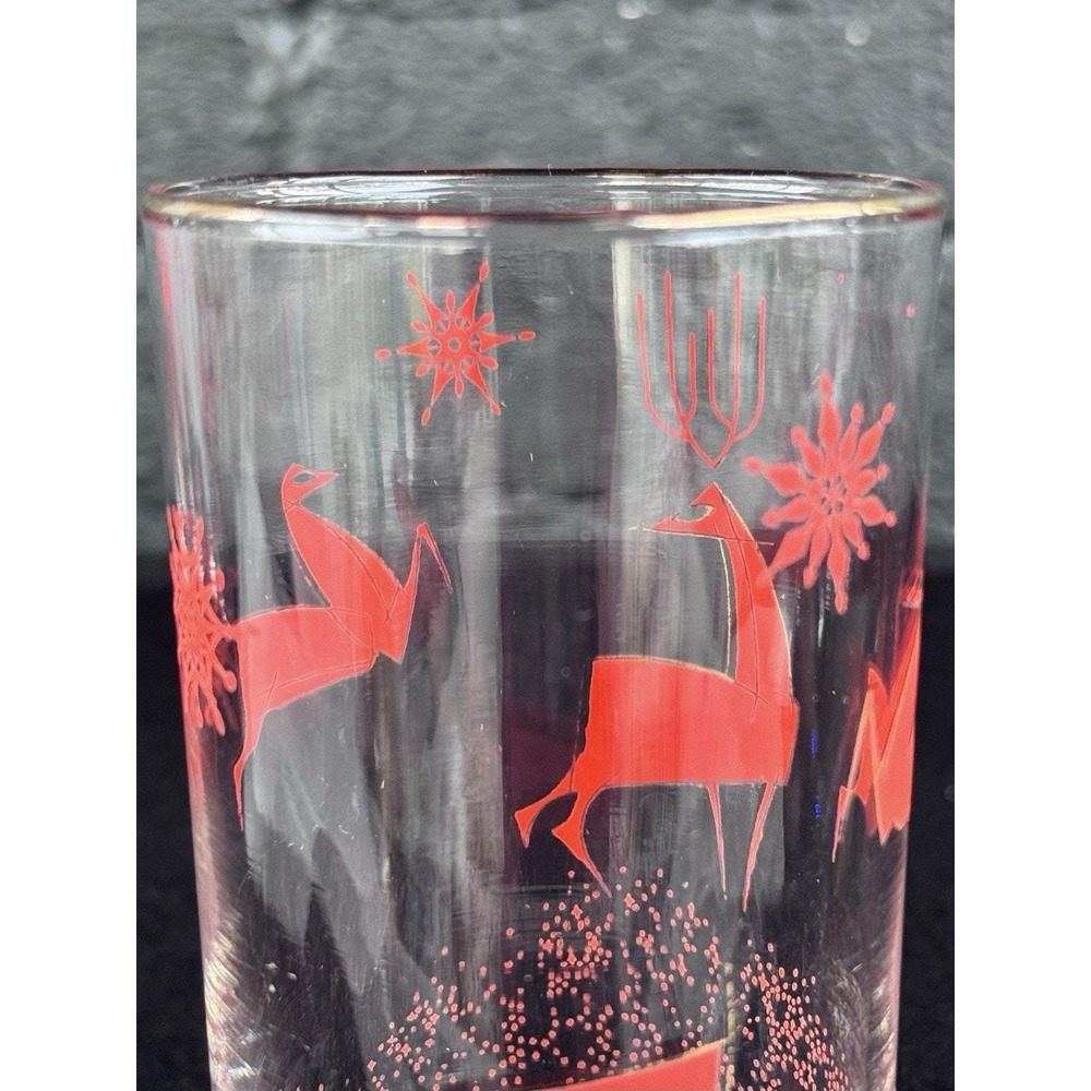 6 Rare Vintage MCM Libbey Atomic Christmas Reindeer Red Gold Highball Glasses - Picture 3 of 7